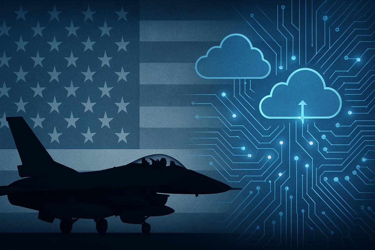 american flag with fighter jet silouette and cloud computing icons